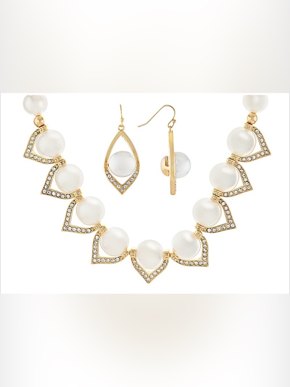 JTV Pearl Simulant With Crystal Accent Gold Tone Necklace & Earring Set